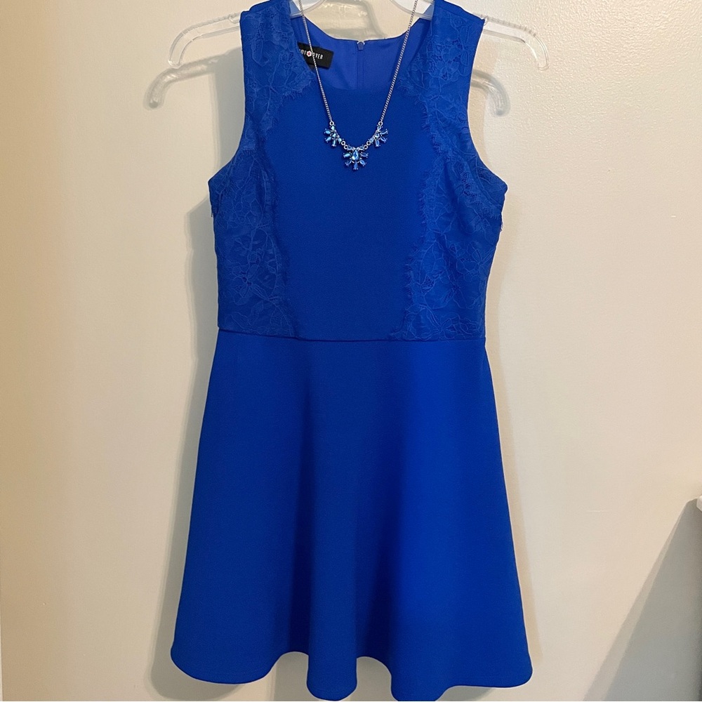 Amy Byer Cobalt Blue Dress With Lace Detail And Matching Necklace